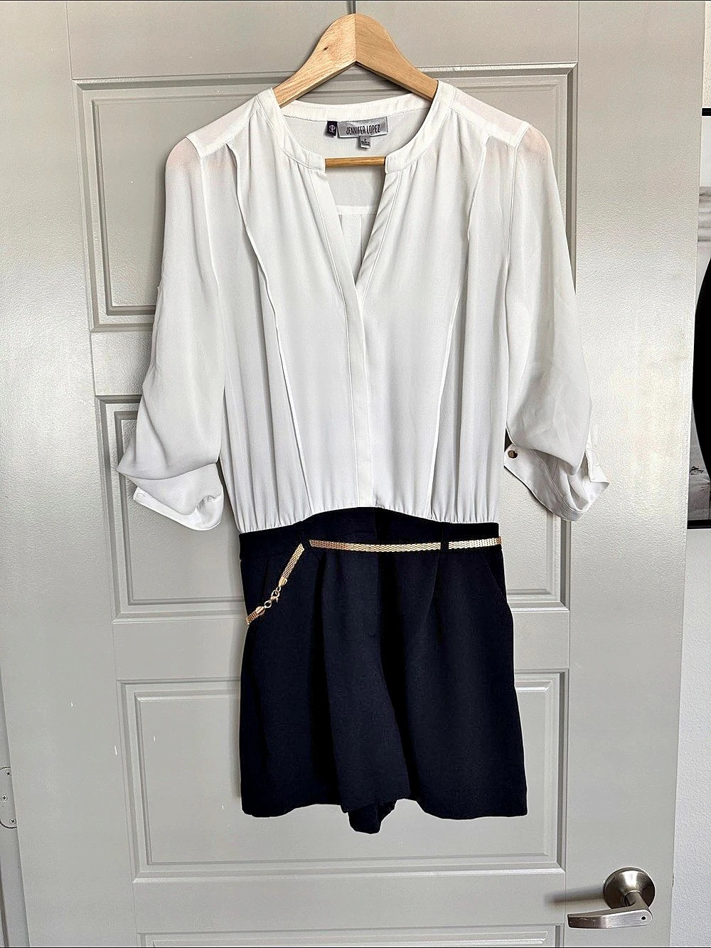 NWOT Jennifer Lopez V-Neck Gold Chain Belt Romper, 2
